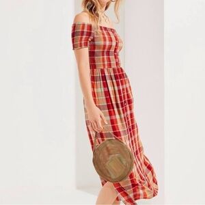Urban Outfitters Women's Small Monica Plaid Off Shoulder Midi Dress cottagecore